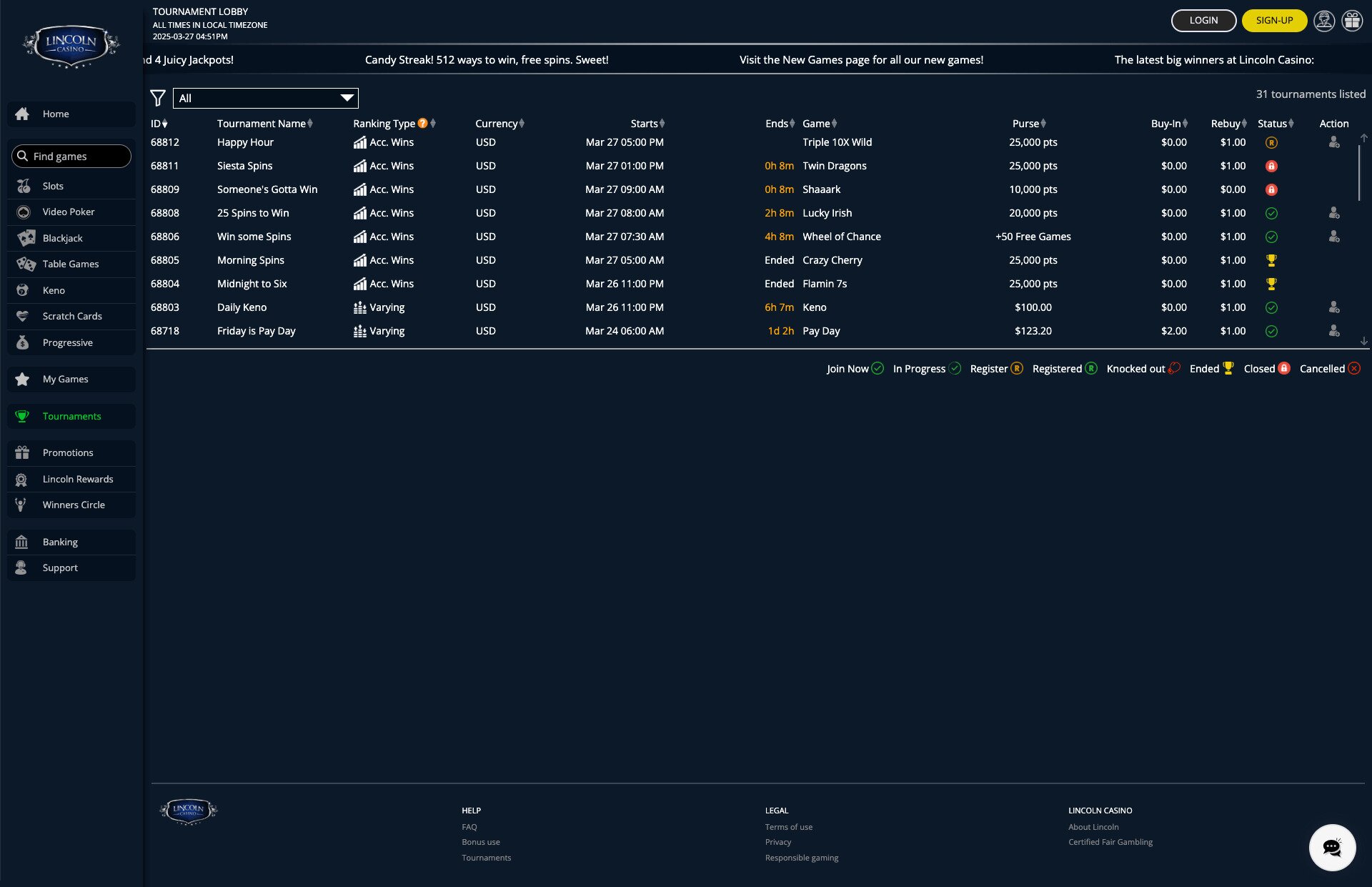 Lincoln Casino tournament lobby