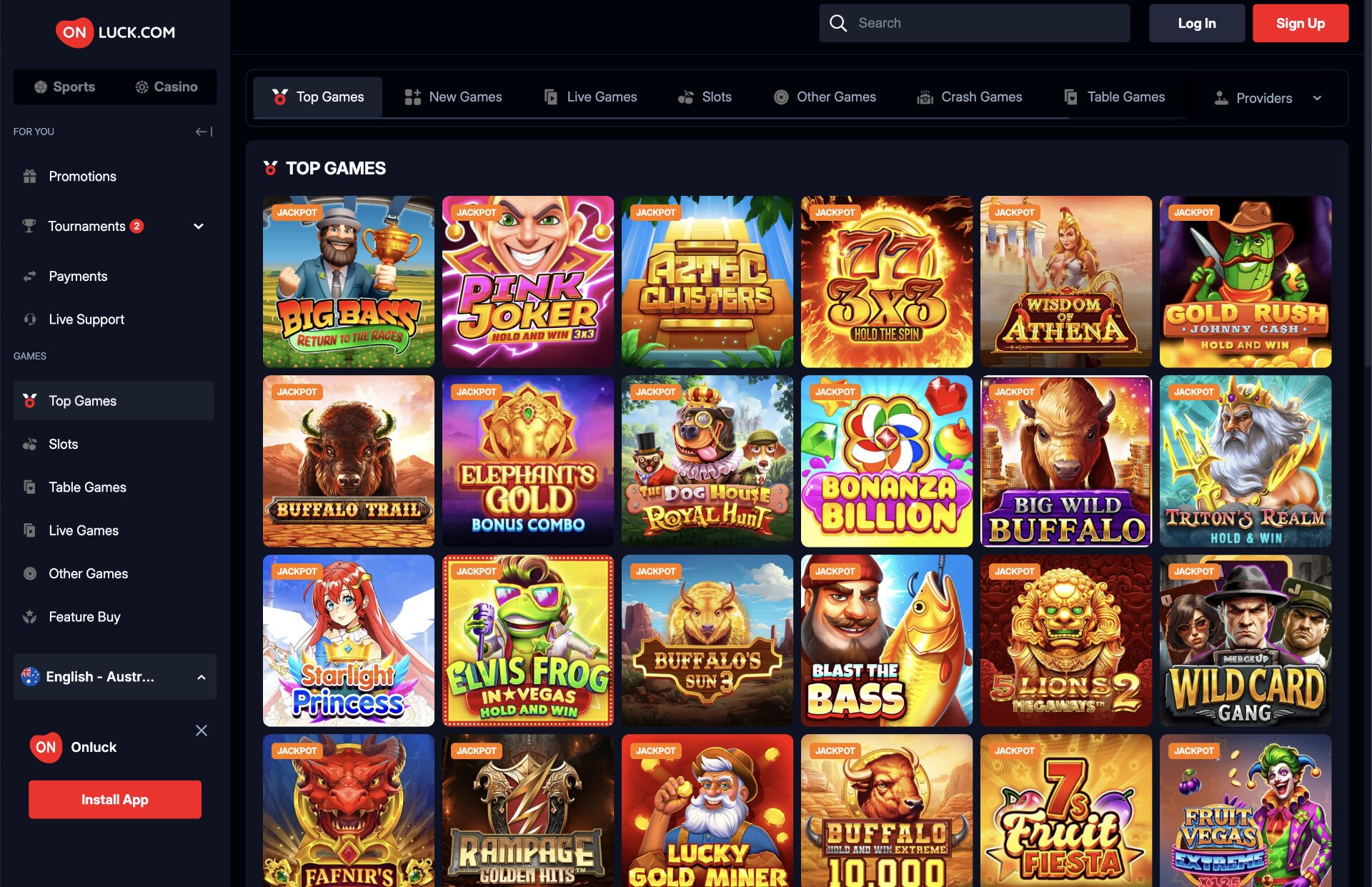 OnLuck Casino Games Page Screenshot