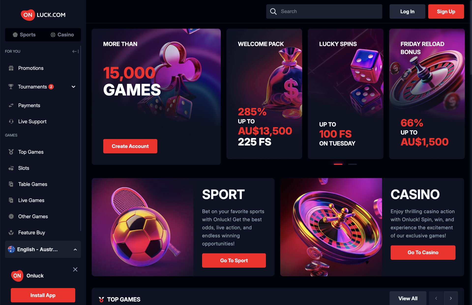 OnLuck Casino Homepage Screenshot