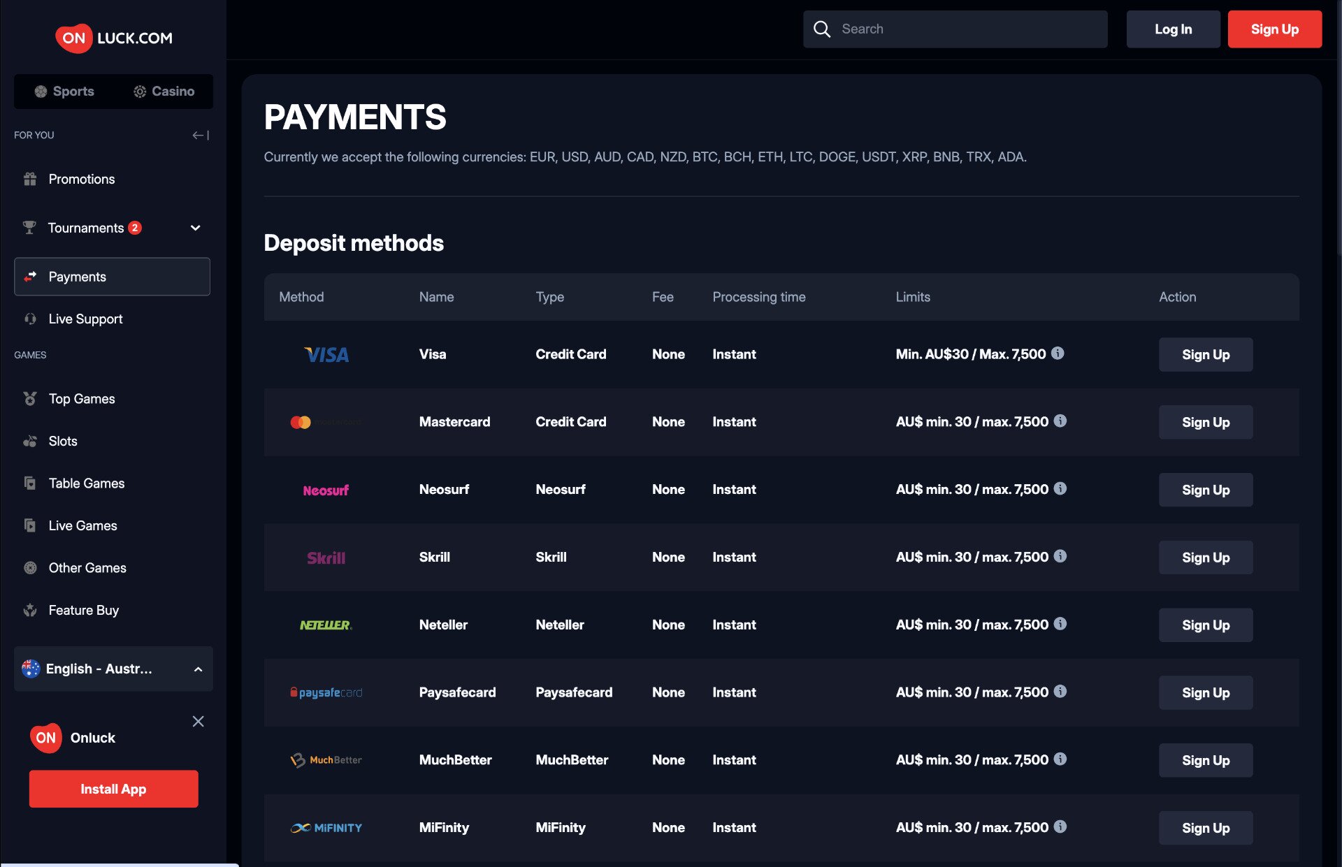 OnLuck Casino Payments Page Screenshot