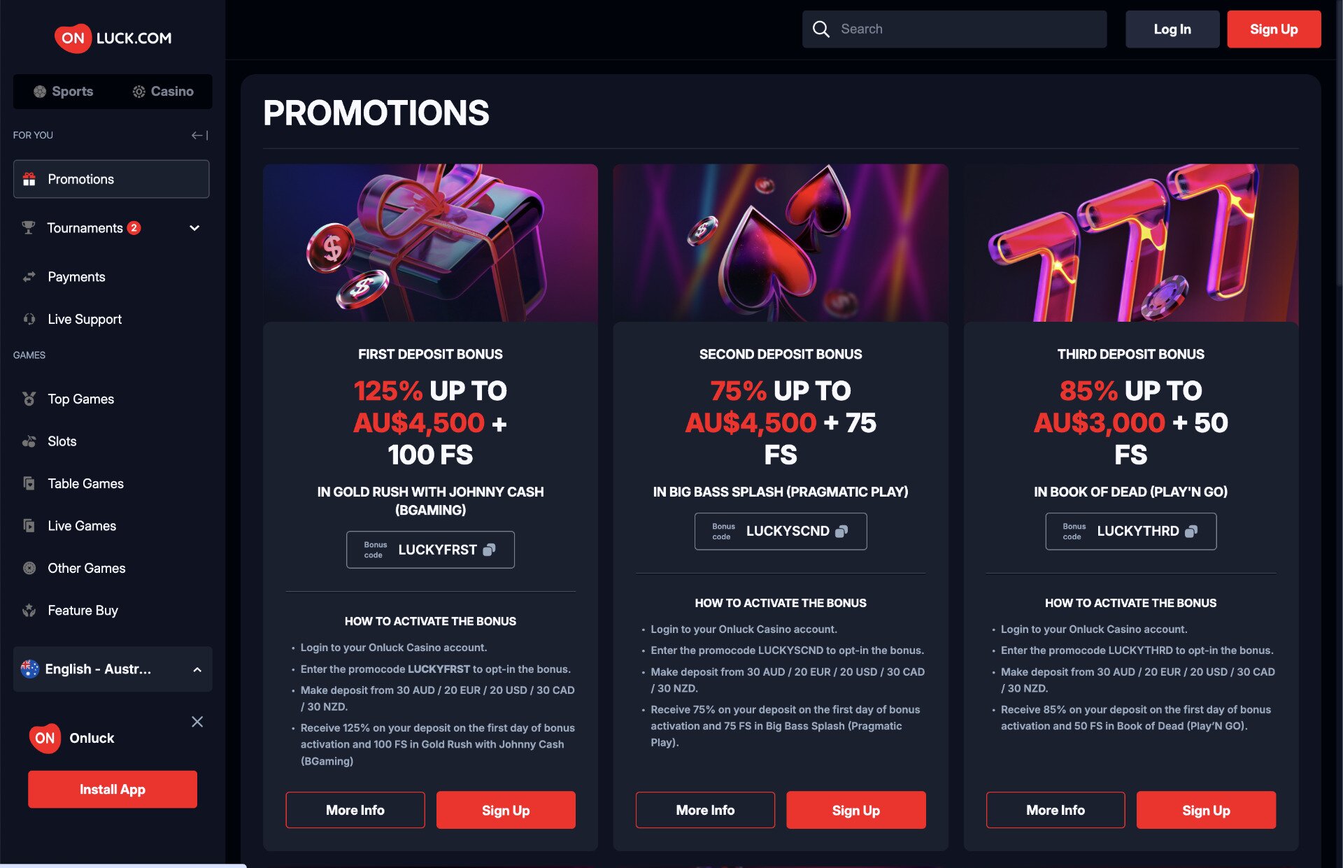 OnLuck Casino Promotions Page Screenshot