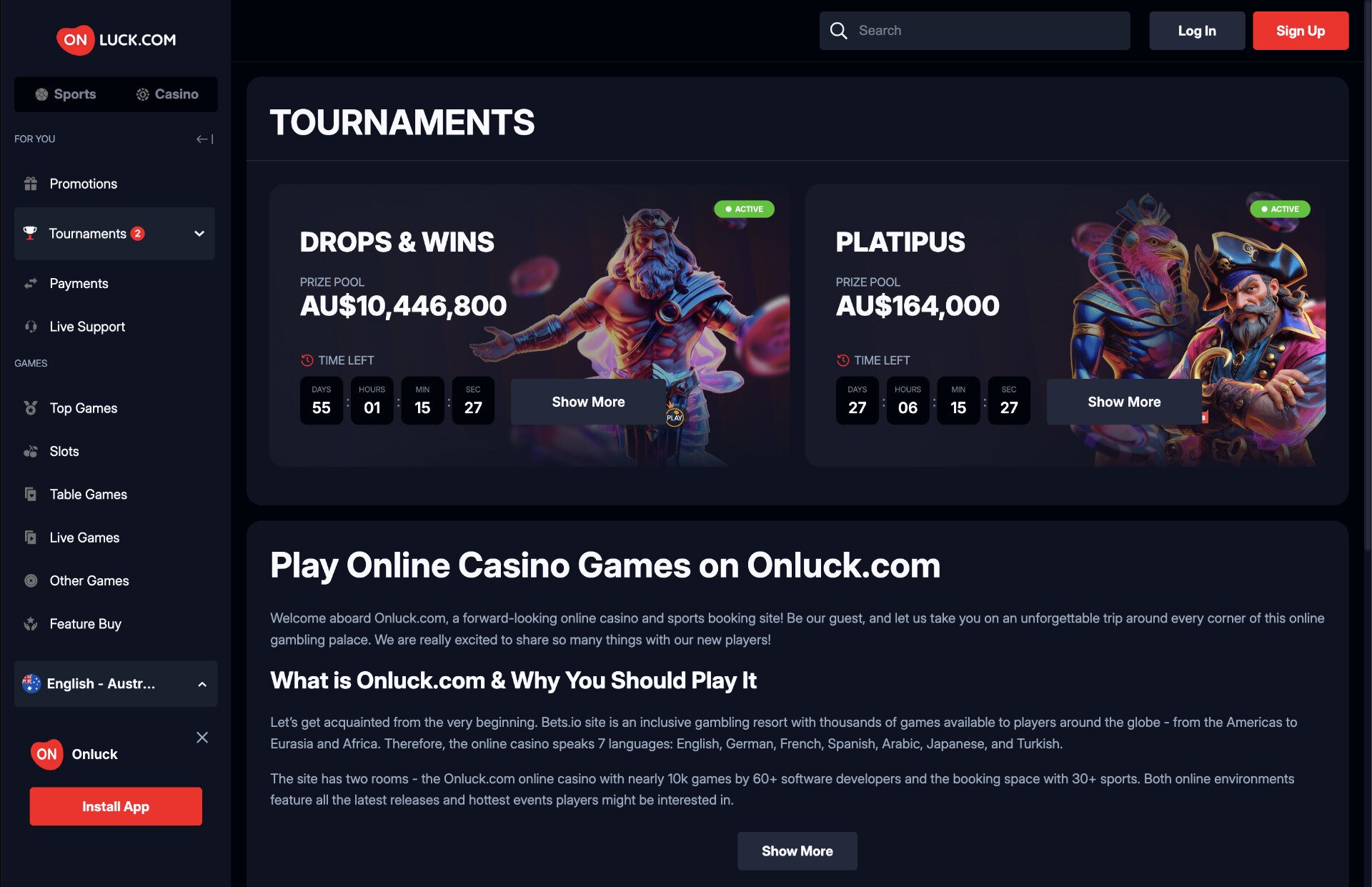 OnLuck Casino Tournaments Page Screenshot