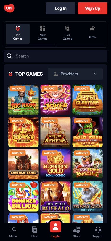 OnLuck Casino Mobile Games Page Screenshot
