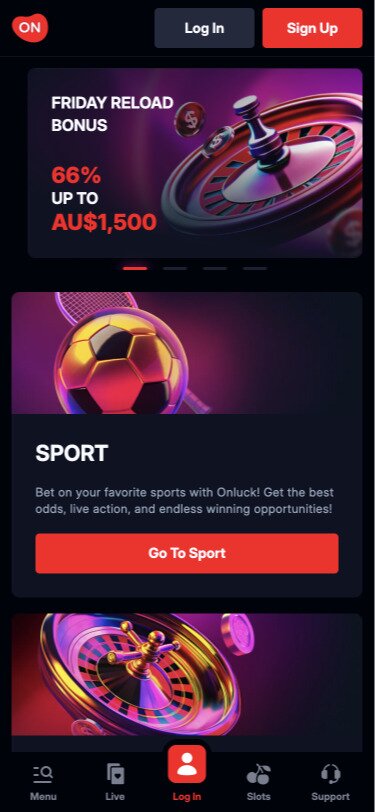 OnLuck Casino Mobile Homepage Screenshot