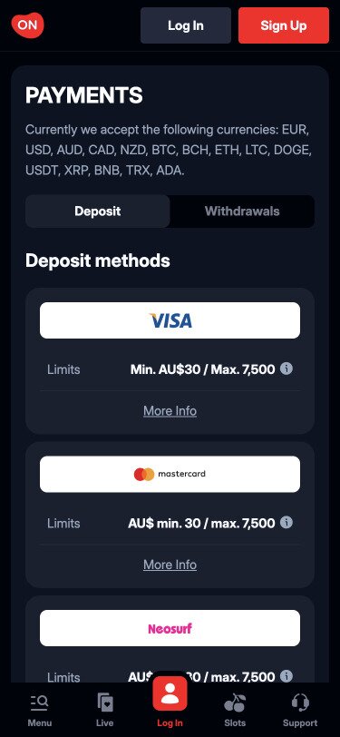OnLuck Casino Mobile Payments Page Screenshot