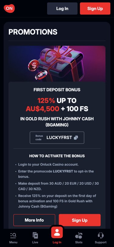 OnLuck Casino Mobile Promotions Page Screenshot