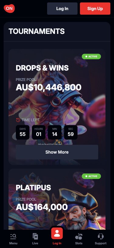 OnLuck Casino Mobile Tournaments Page Screenshot