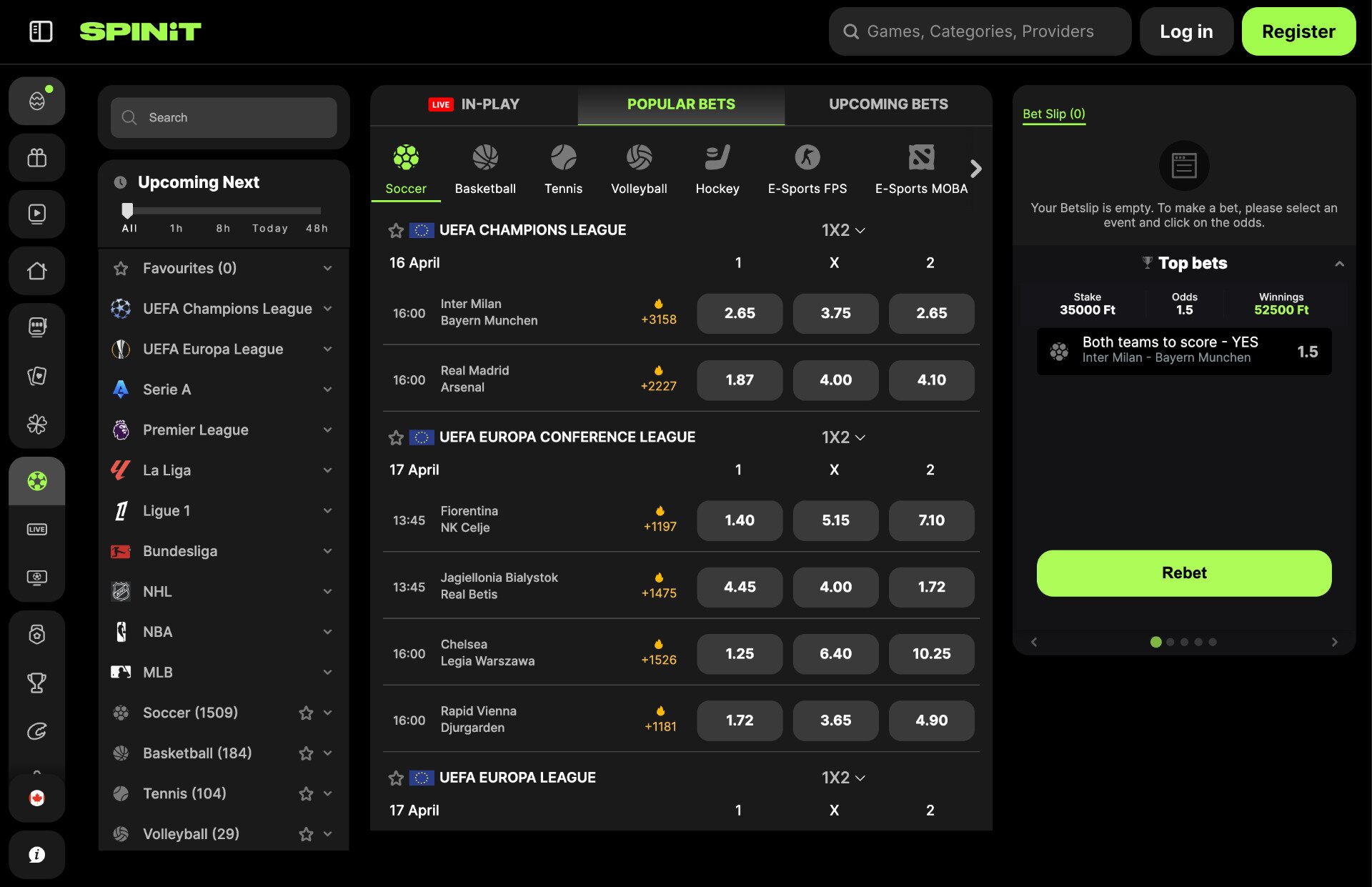 Spinit Sportsbook Page Screenshot