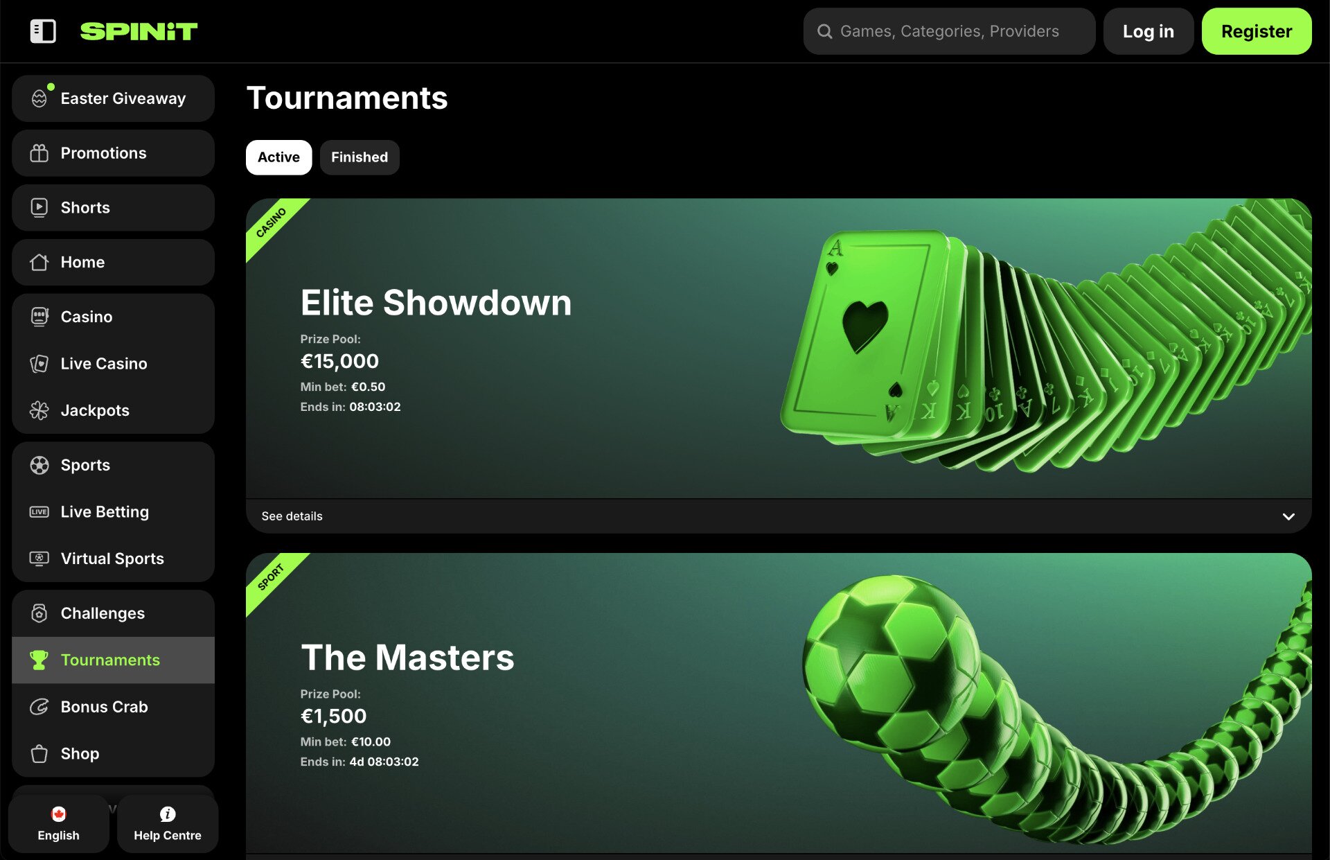 Spinit Tournaments Page Screenshot