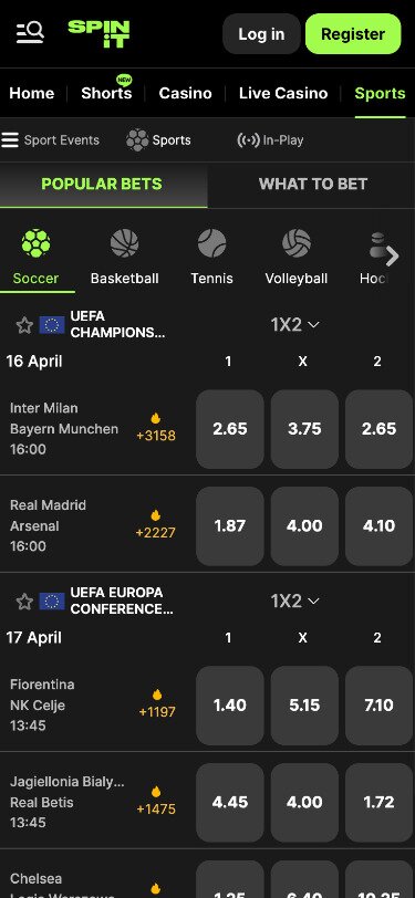 Spinit Mobile Sportsbook Page Screenshot