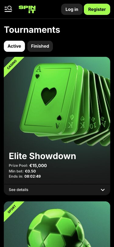 Spinit Mobile Tournaments Page Screenshot