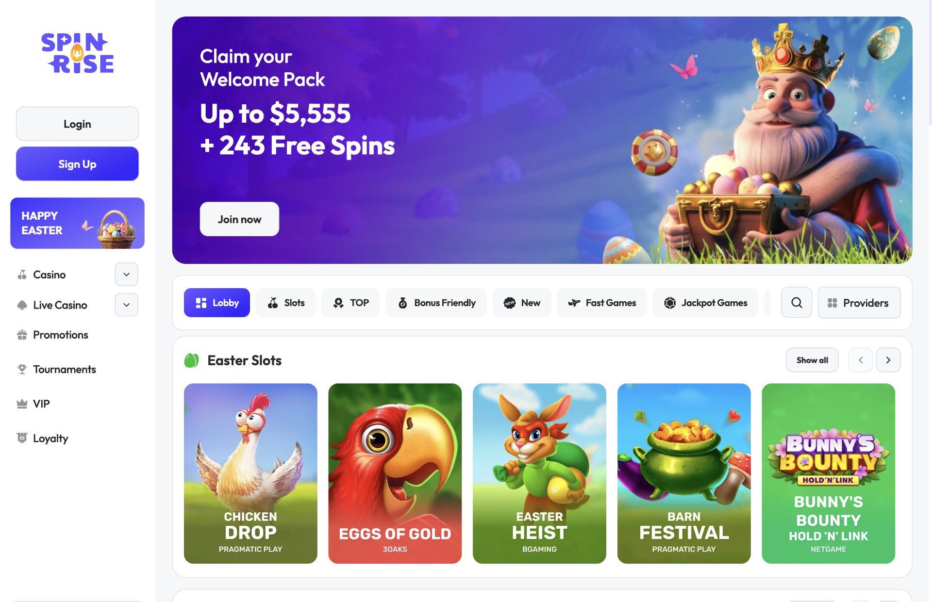 Spinrise Casino Homepage Screenshot