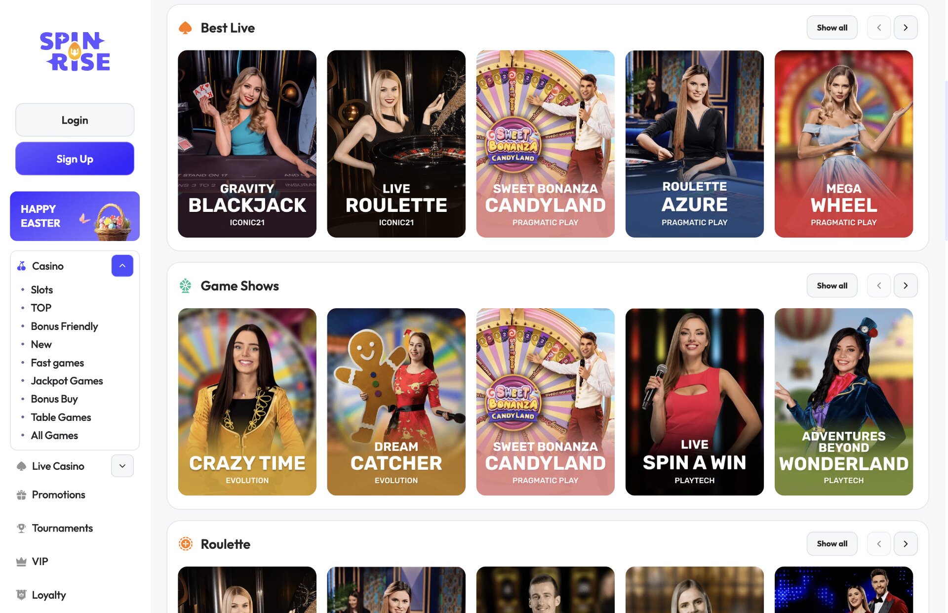 Spinrise Casino Live Dealer Page Screenshot