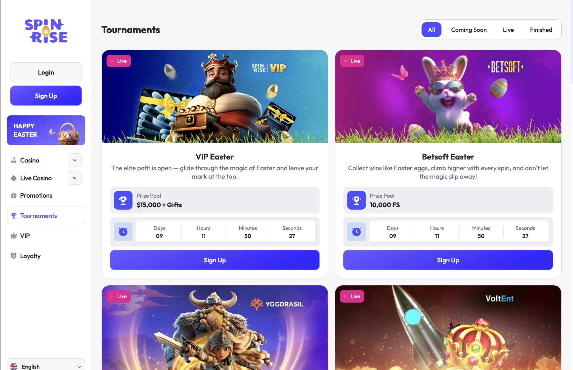 Spinrise Casino Tournaments Page Screenshot