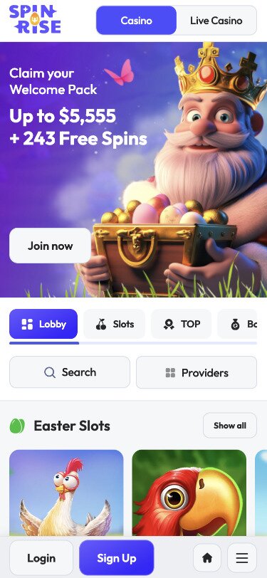 Spinrise Casino Mobile Homepage Screenshot