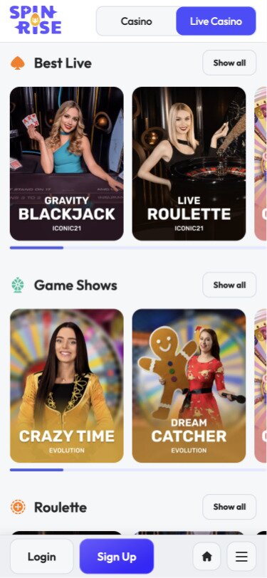 Spinrise Casino Mobile Live Dealer Page Screenshot