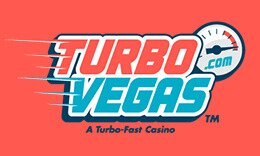 TurboVegas Logo, red and teal logo on red background