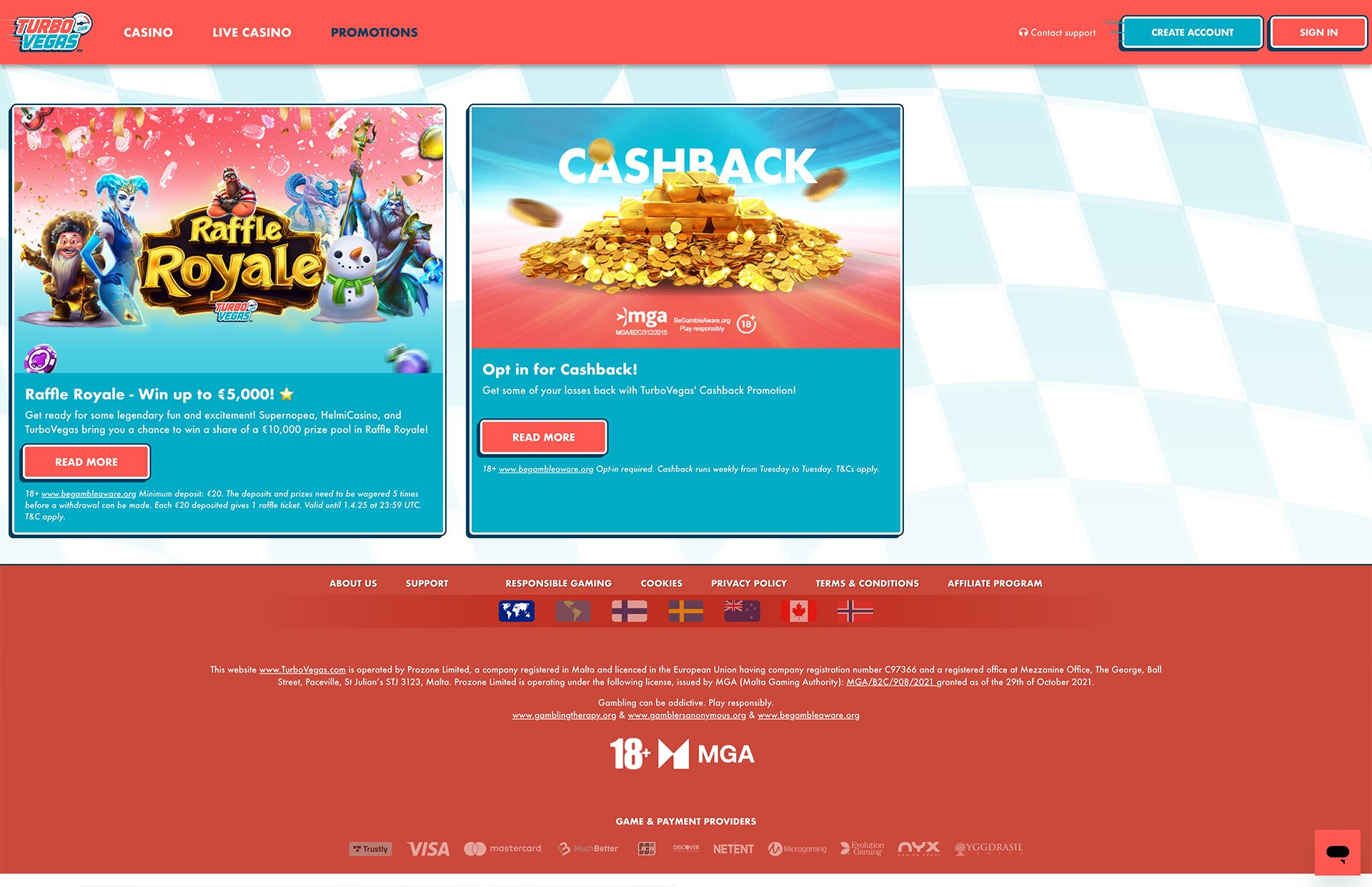 TurboVegas Promotions Page Screenshot