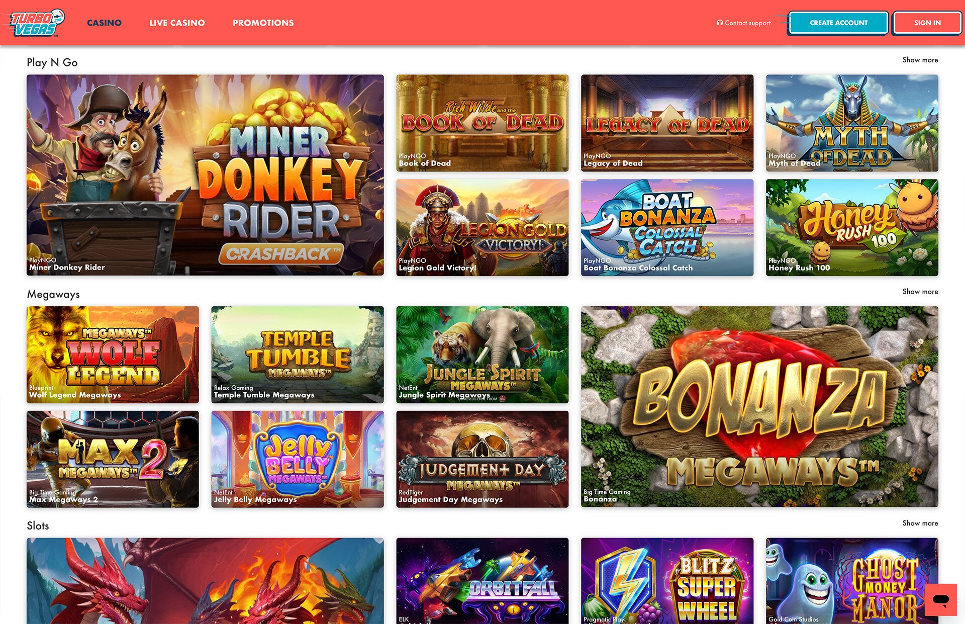 TurboVegas Casino Page Screenshot