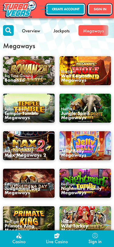 TurboVegas Megaways Page Mobile Screenshot