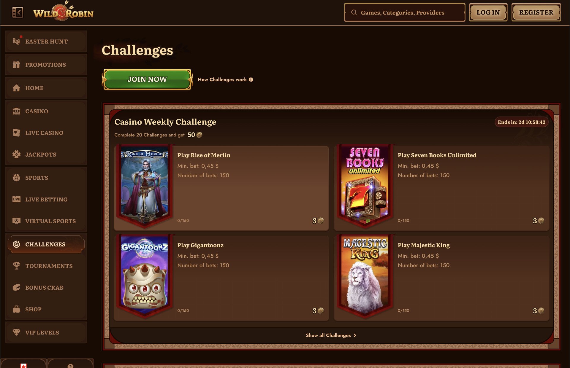 Wild Robin Challenges Page Screenshot