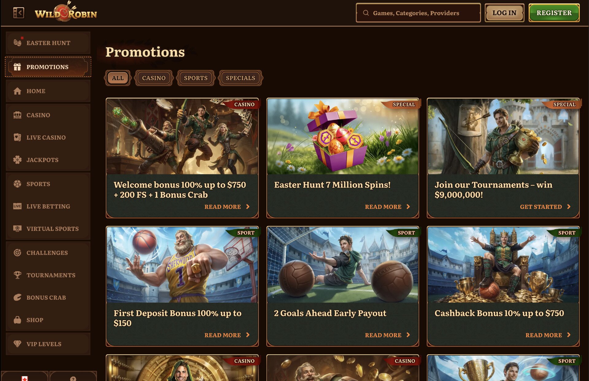 Wild Robin Promotions Page Screenshot