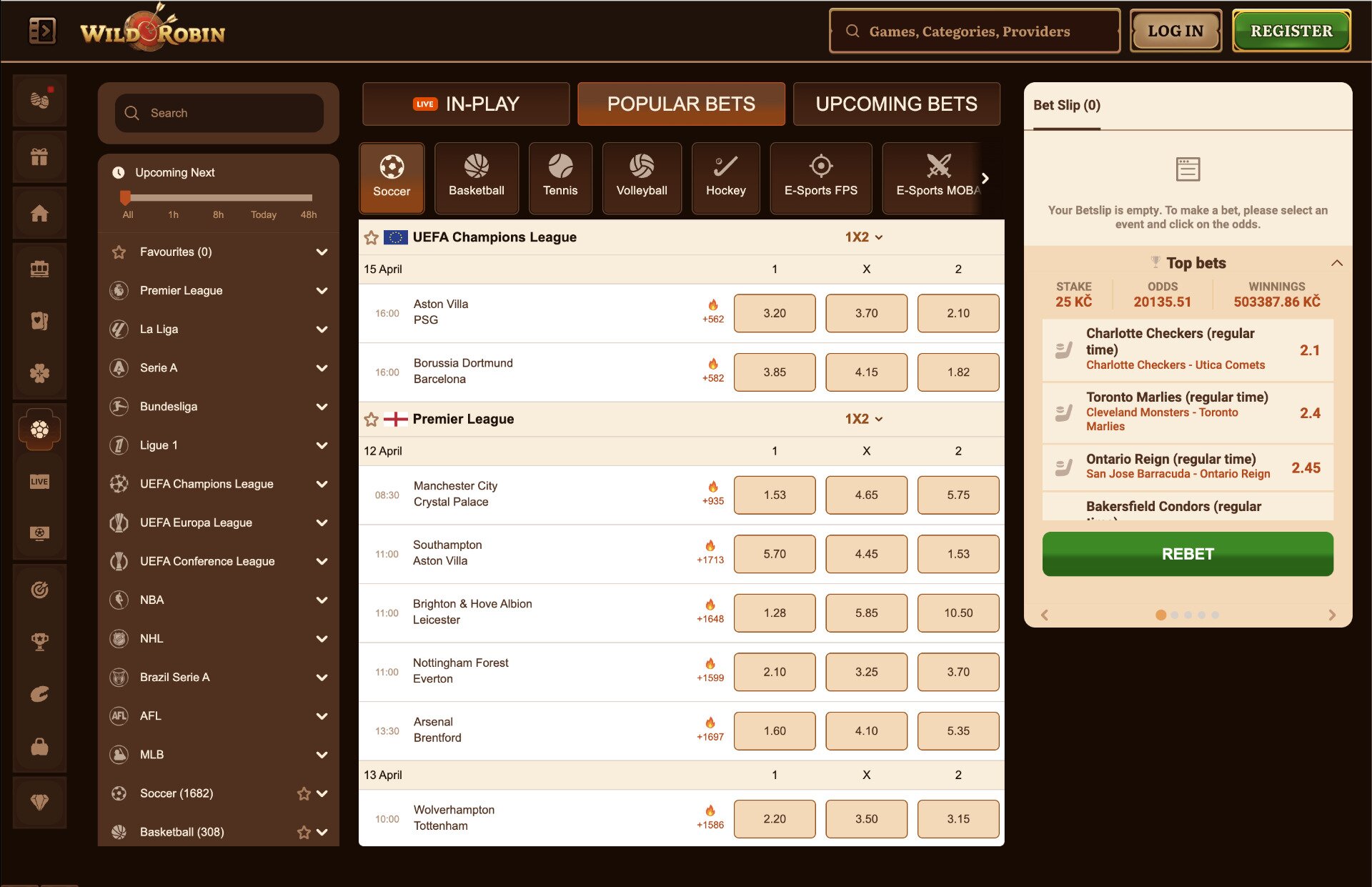 Wild Robin Sportsbook Page Screenshot