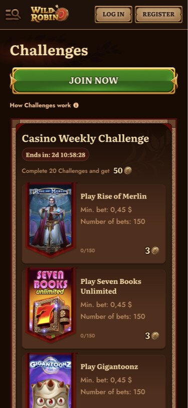 Wild Robin Mobile Challenges Page Screenshot