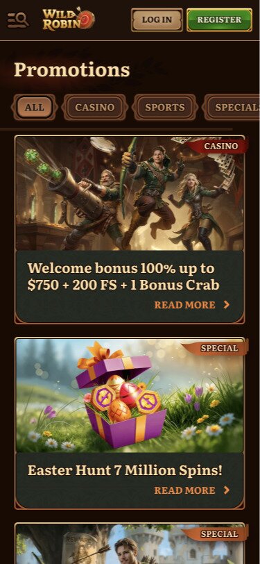 Wild Robin Mobile Promotions Page Screenshot