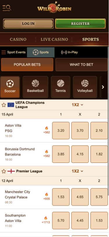 Wild Robin Mobile Sportsbook Page Screenshot