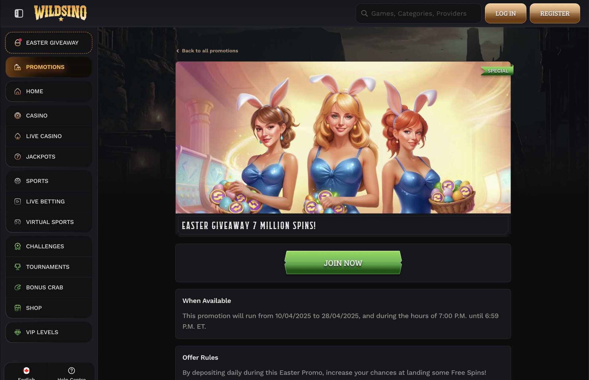Wildsino Easter Giveaway Page Screenshot