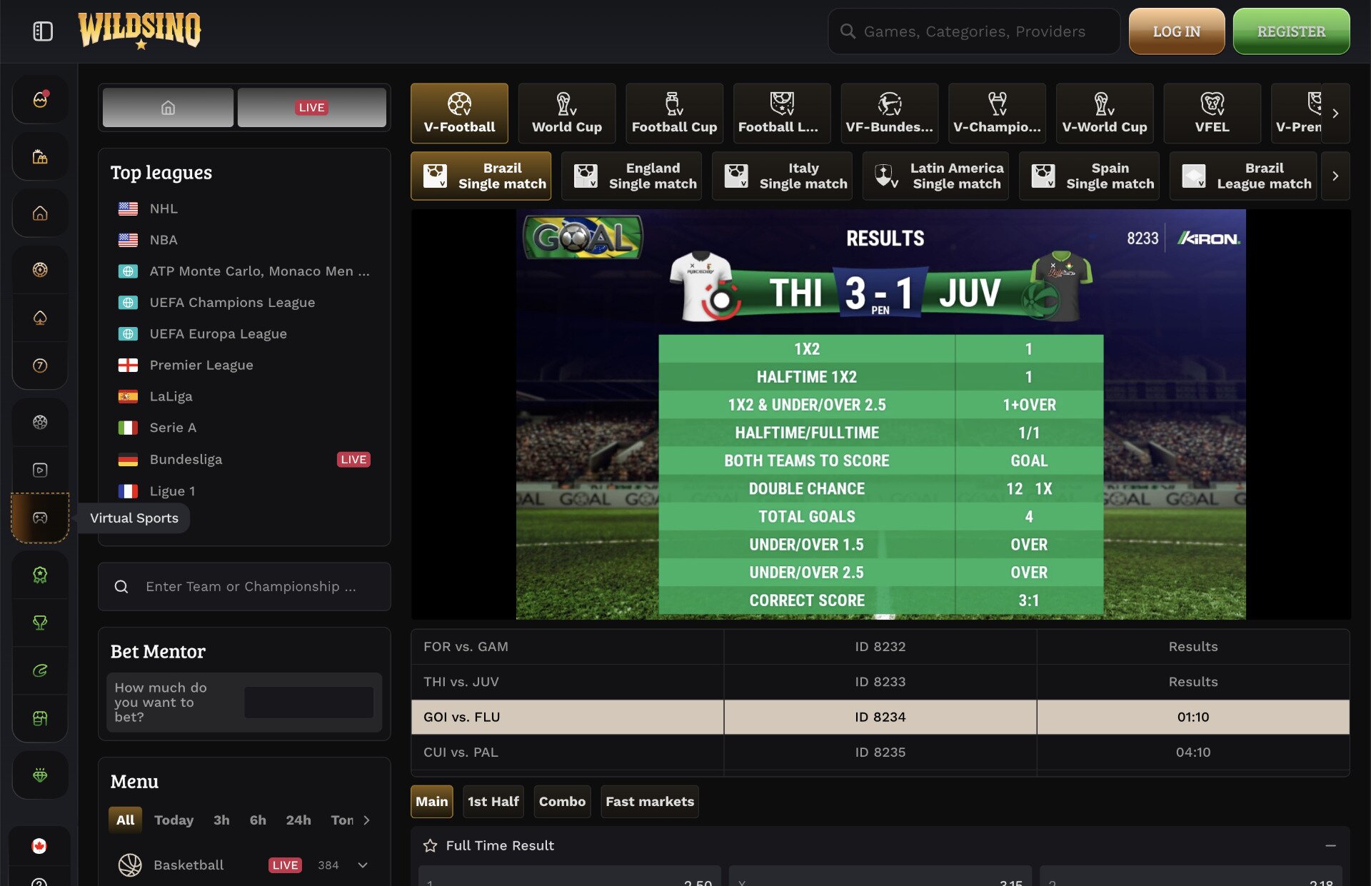 Wildsino Virtual Sports Page Screenshot