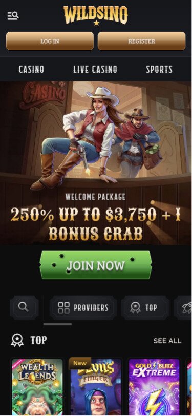 Wildsino Mobile Homepage Screenshot