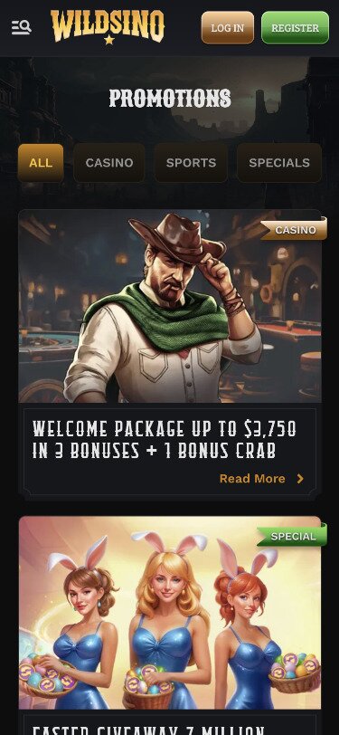 Wildsino Mobile Promotions Page Screenshot