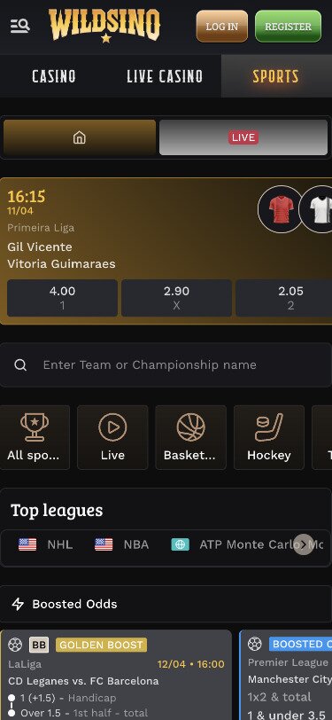 Wildsino Mobile Sportsbook Page Screenshot