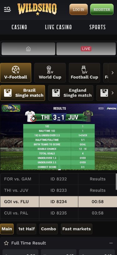 Wildsino Mobile Virtual Sports Page Screenshot