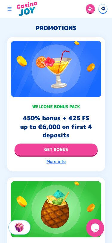 Casinojoy Mobile Promotions Page Screenshot