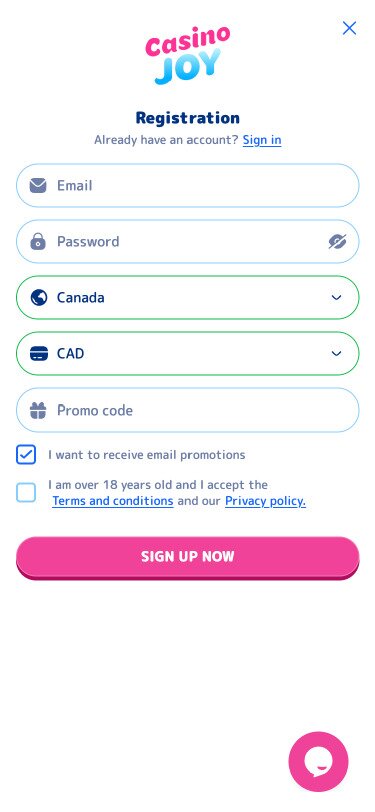 Casinojoy Mobile Registration Page Screenshot