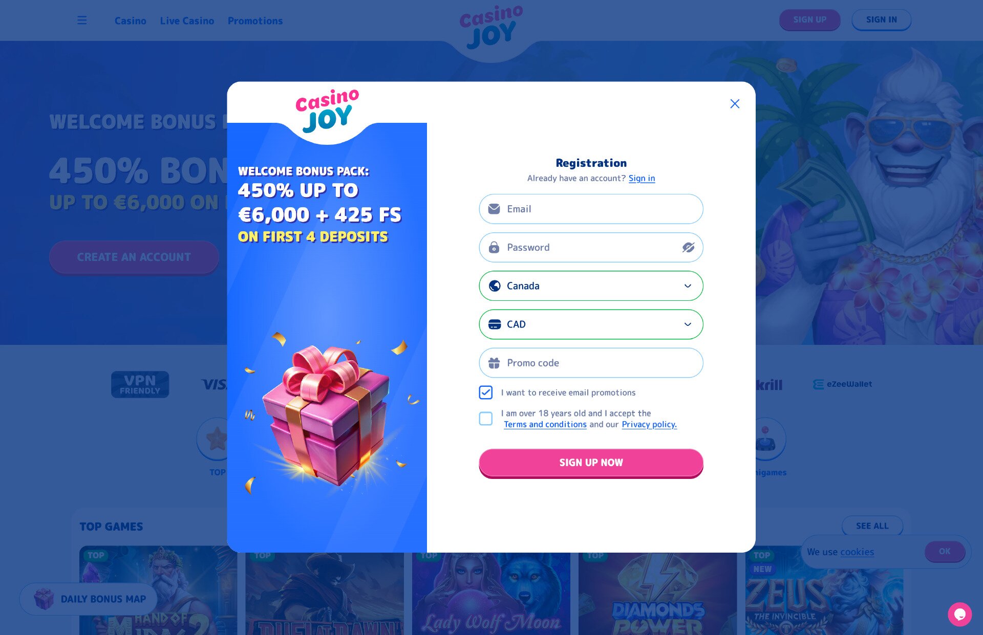 Casinojoy Registration Page Screenshot