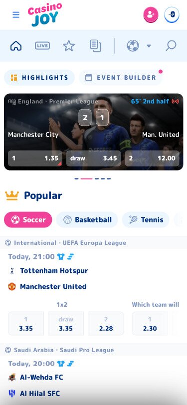 Casinojoy Mobile Sportsbook Page Screenshot