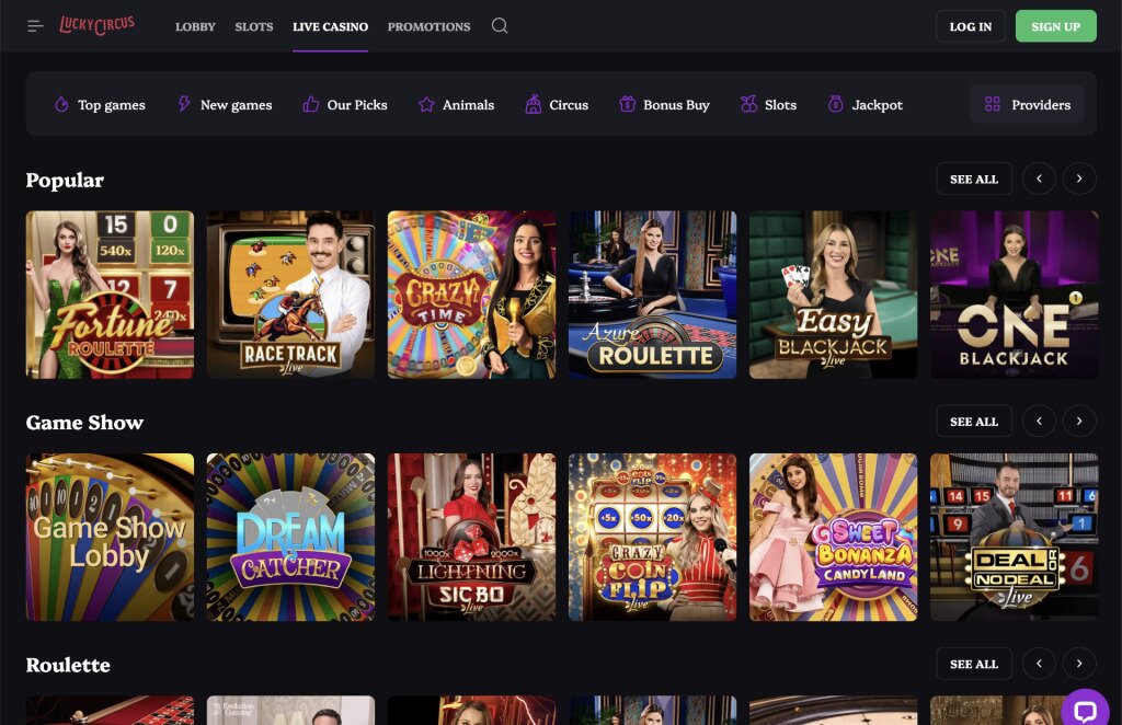 Lucky Circus Live Casino Page Screenshot