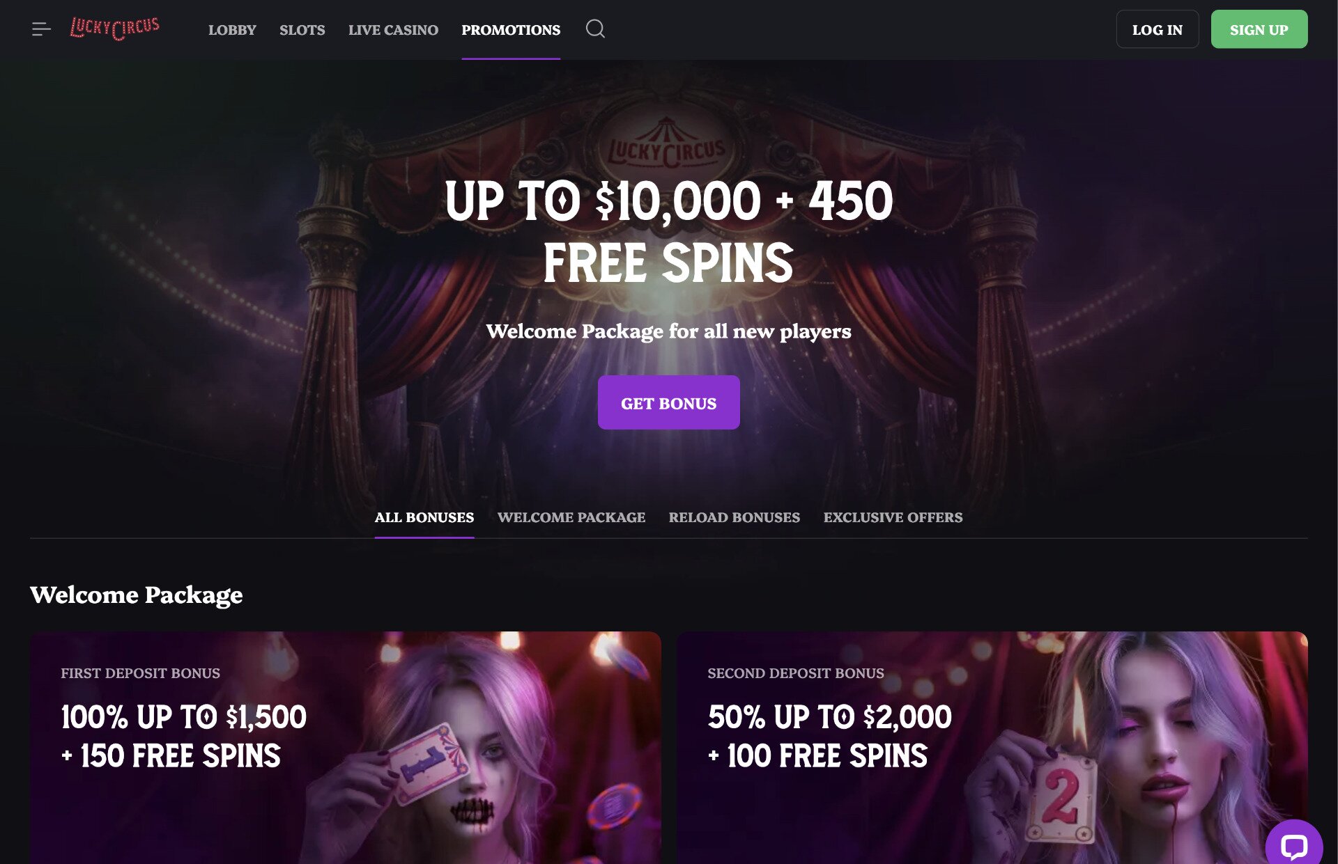 Lucky Circus Promotions Page Screenshot