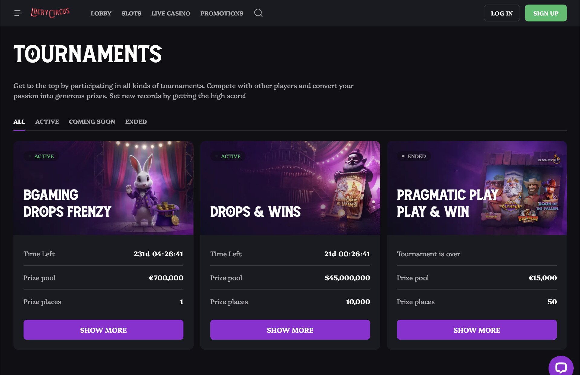 Lucky Circus Tournaments Page Screenshot