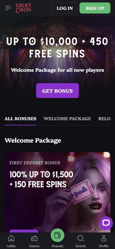 Lucky Circus Mobile Bonuses Page Screenshot