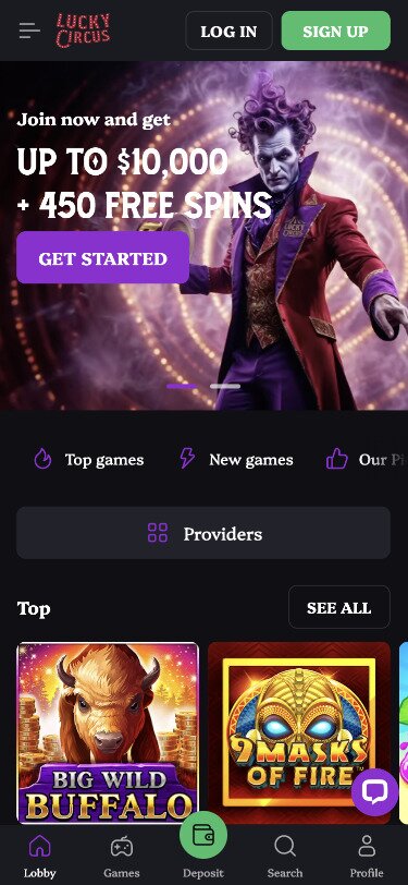 Lucky Circus Mobile Homepage Screenshot