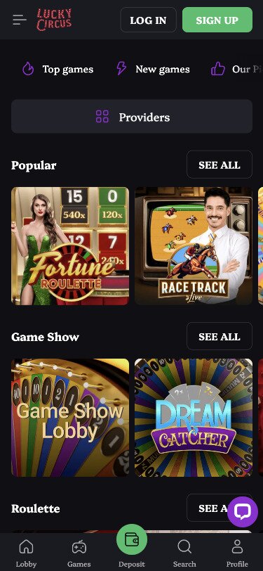 Lucky Circus Mobile Live Casino Page Screenshot