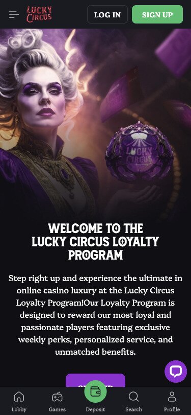 Lucky Circus Mobile Loyalty Page Screenshot