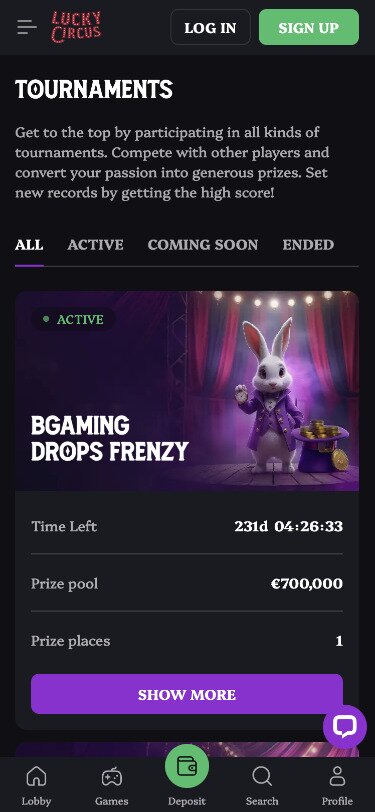 Lucky Circus Mobile Tournaments Page Screenshot
