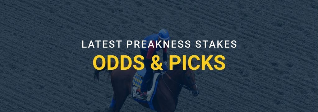Promotional graphic for GamblingSites.com featuring a racehorse on a track with the text “Latest Preakness Stakes Odds & Picks.”