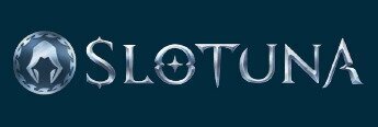 Slotuna logo, silver logo and text on blue background